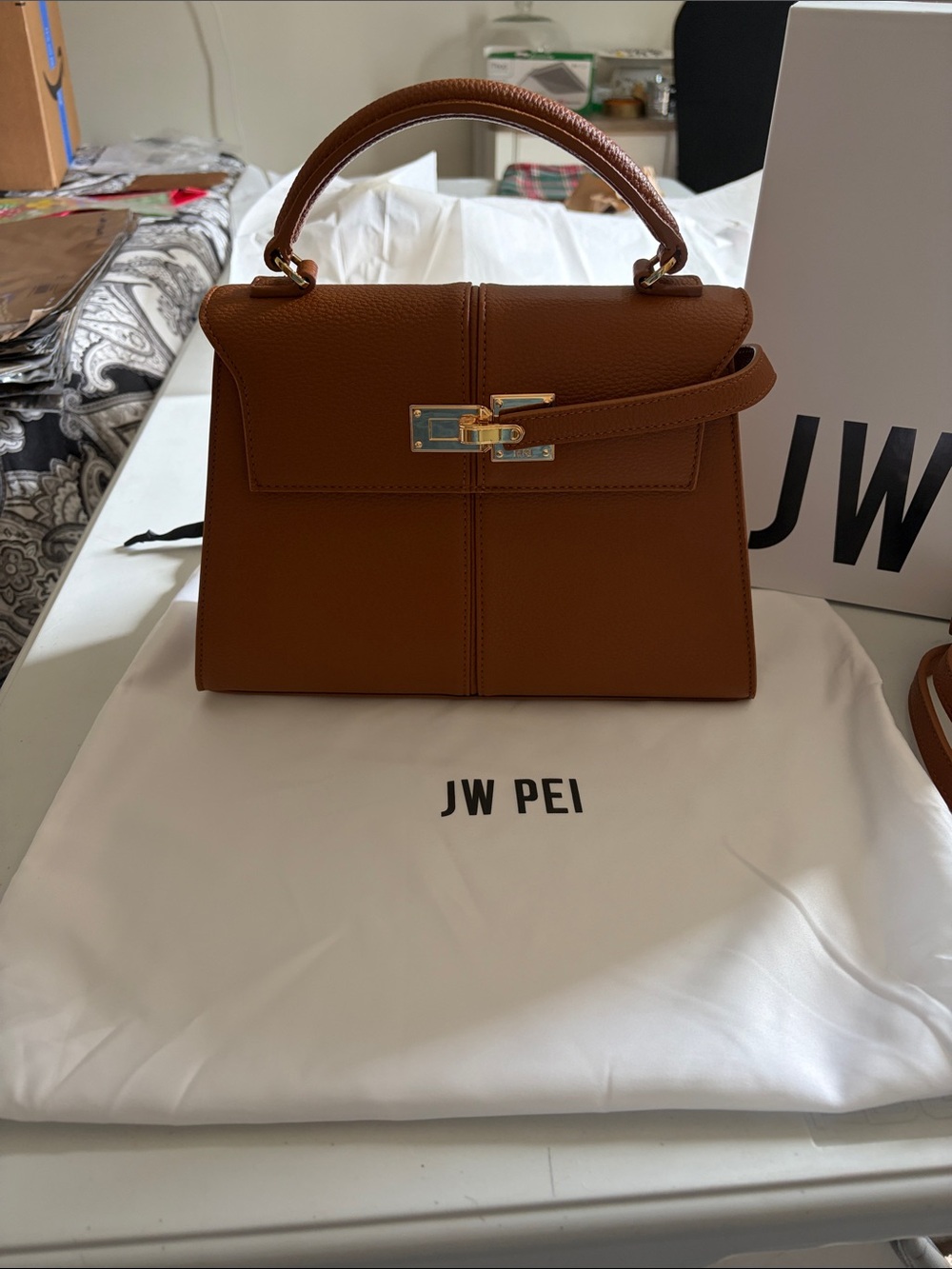 JW PEI Cognac Top Handle Satchel with Gold Hardware